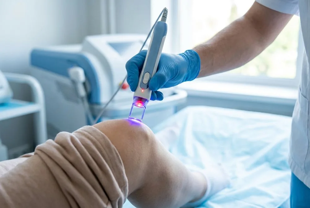 Illustration of a light applicator at a knee